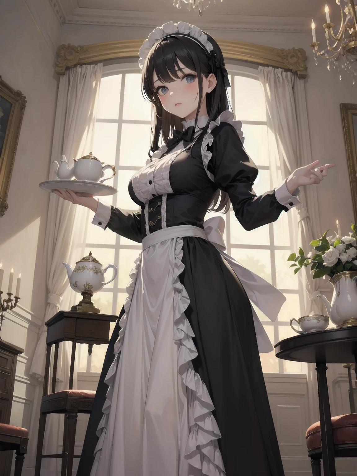 Illustration of a beautiful girl in a cute pose,(Masterpiece: 1.2), (Best quality: 1.2), A cute girl with long black hair, dressed in a classic black and white maid outfit with frilly lace and a matching headband, is standing in a beautifully decorated Victorian-style parlor. She is holding a silver tray with a teapot and teacup, her expression a mix of professionalism and warmth. The background includes ornate furniture, a chandelier, and large windows with heavy drapes, all bathed in soft afternoon light. This illustration emphasizes the elegant and welcoming atmosphere of a high-class tea service