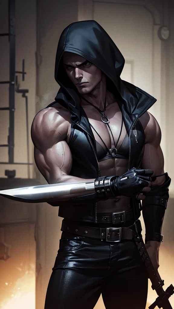 A hooded man wearing a sleeveless black jacket, showing his muscular physique, holding a knife with a bar, a motorcycle in the background, dark, gothic, Tim Burton style, hyper-realistic, 8k, HDR, cinematic lighting, moody atmosphere