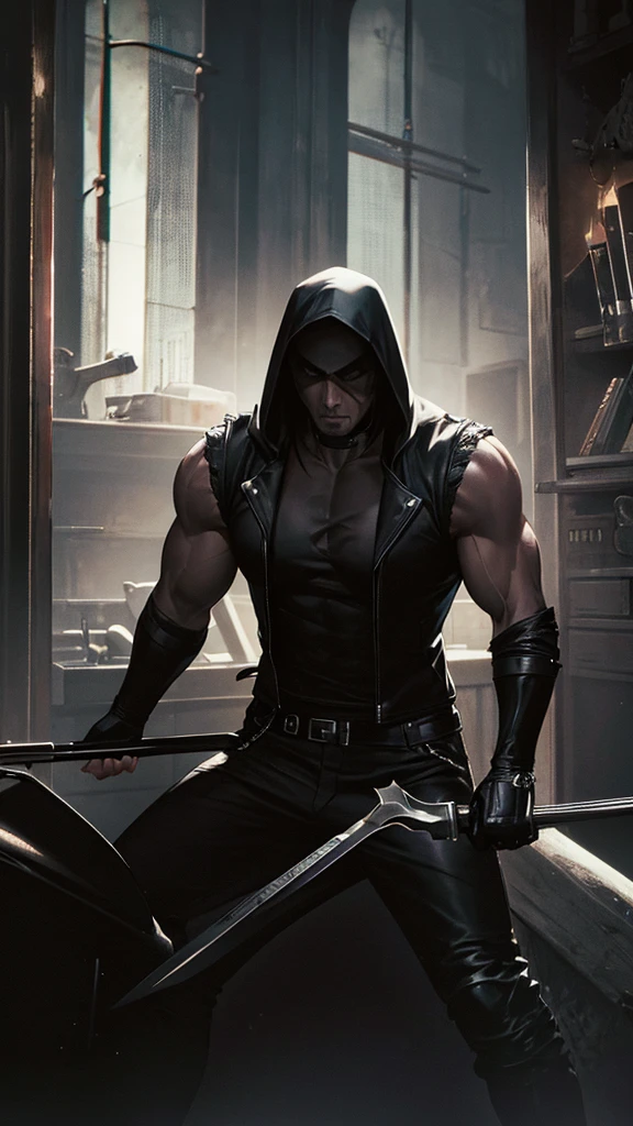 A hooded man wearing a sleeveless black jacket, showing his muscular physique, holding a knife with a bar, a motorcycle in the background, dark, gothic, Tim Burton style, hyper-realistic, 8k, HDR, cinematic lighting, moody atmosphere