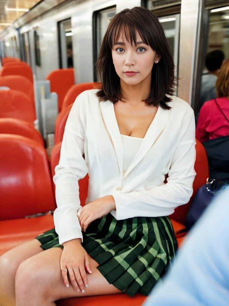 commute、woman、suit、Inside the train、sit on the other side、skirt、uniform、thighs、spread your legs a little、tights、I can see my pants through the gap between my legs、short hair、sit in front、Glowing eyes、
