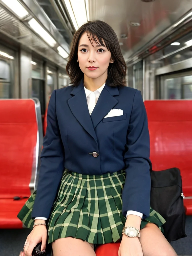 commute、woman、suit、Inside the train、sit on the other side、skirt、uniform、thighs、spread your legs a little、tights、I can see my pants through the gap between my legs、short hair、sit in front、Glowing eyes、