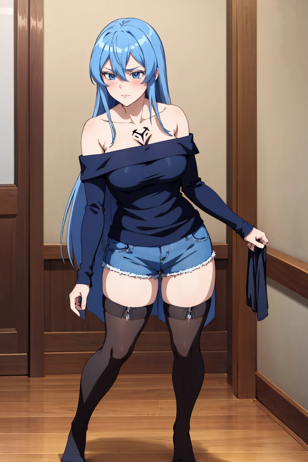 (artwork, best quality) a girl with long messy blue hair, blue eyes, blue eyelashes, blue denim mini shorts, long black stockings, off the shoulder top, standing, tattoo, perfect big body, 4k hd, upset, blushing, in a room, (full body)