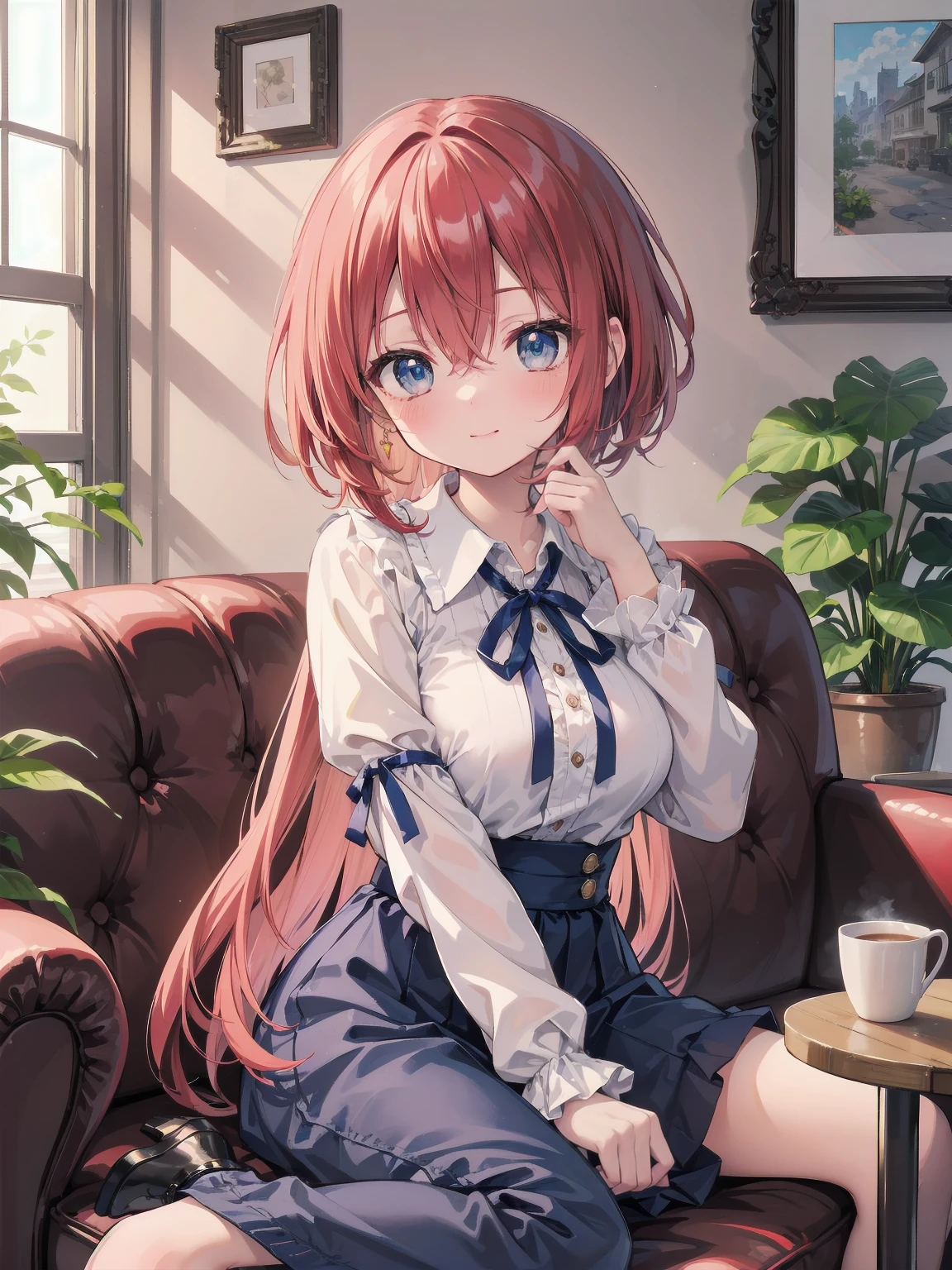 Scene Description: - Composition: Portrait. Focus on the face. Shot from the front. - Subject: Cute girl. (Chibi:1.1). Real person. - Features: - Face: (Cute round face:1.2). - Eyes: Detailed dark blue eyes. - Hair: One-leg bob-cut hair down the front with a large ribbon hairpiece, (golden hair), (red inner hair), auburn hair, hair between the eyes. - Body: Detailed slender body. Large breasts. - Clothing: Pink ruffled blouse, flares, blue ribbon tie, long ruffled sleeves, layered skirt. - Expression: happy expression. Mouth open. - Pose: head tilted back. She is looking at the viewer. - Background: living room of a trendy café. - Elements: Houseplants. Cute pastel sofa. Cute pastel curtains. Cute pastel-colored wallpaper. Time: Daytime. Lighting: (Natural light: 1.4). Art Style: Watercolor. Traditional media. Quality: Intricate details. Highly detailed. Outstanding complexity. (Masterpiece: 1.2). (Highest quality: 1.2). (Absurd absolute resolution: 1.4). Mood: Calm,