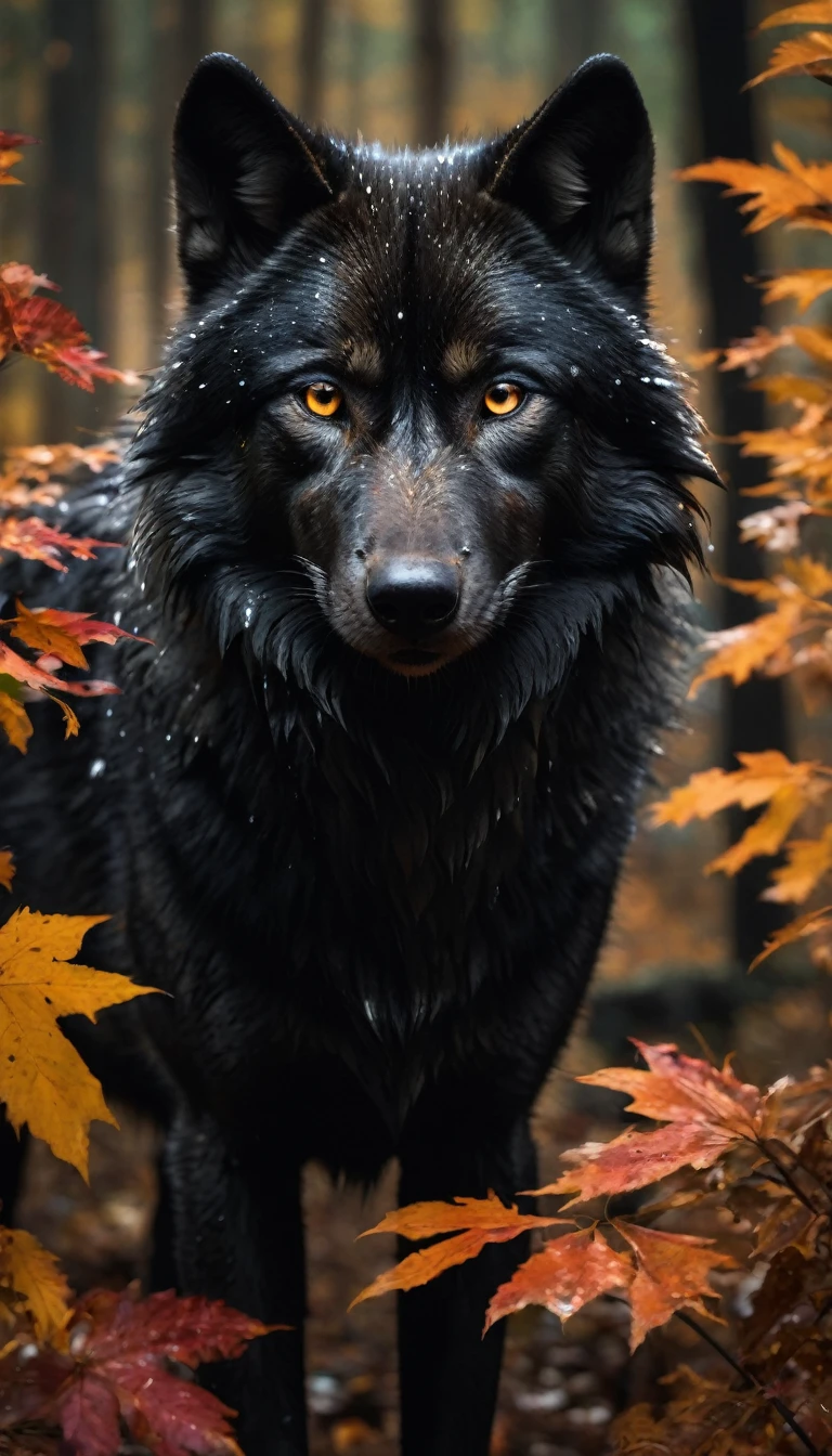 (Vista frontal em close-up:1.8), dark gold theme, psychedelic, dark style, AshleyWoodArtAI Greg Rutkowski, (((detailed portrait of a wolf+autumn forest))), Red hair, symmetry eyes and iris, long black hair, in black liquid oil dress, huge splashes and drops of liquid black oil, colorfully, Luminism, Bioluminescence, studio lighting, hyper detailled, (work of art, best qualityer:1.4), ray tracing reflection, sharp focus, shallow depth of field detailed background, (ultra realistic:1.2), 16k resolution.
