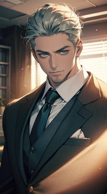 (best quality,4k,8k,highres,masterpiece:1.2),ultra-detailed,(realistic,photorealistic,photo-realistic:1.37),1 man,31 years old,mature man,very handsome,without expression,smile,short grey green hair,blue eyes,penetrating gaze,perfect face without errors,imposing posture,businessman,office background,cinematic lighting,hdr image
