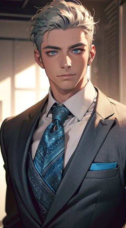 (best quality,4k,8k,highres,masterpiece:1.2),ultra-detailed,(realistic,photorealistic,photo-realistic:1.37),1 man,31 years old,mature man,very handsome,without expression,smile,short grey green hair,blue eyes,penetrating gaze,perfect face without errors,imposing posture,businessman,office background,cinematic lighting,hdr image