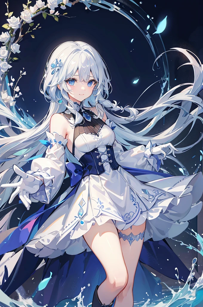 A woman with white hair and blue eyes、adult、Long, fluffy wavy hair、Braiding、Wearing hair ornaments、Smiling、Elegant and ladylike、Elegant、Princess、White gloves、Wearing a cape、White and blue dress、Wave pattern、Decorations such as roses and drops、The dress is short in the front and long in the back、Garter Ring、short boots、water、Fantasy