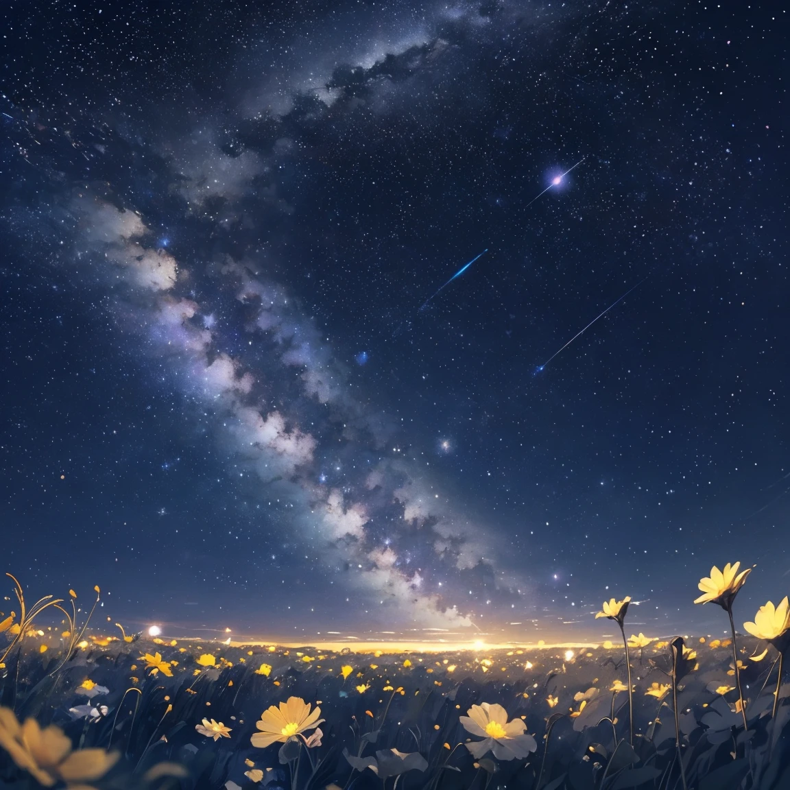 a close up of a field of flowers under a night sky, field of flowers at night, night sky full of flowers, moonlight shining on wildflowers, endless cosmos in the background, vast cosmos, blue hour stars, cosmos in the background, starry sky 8 k, view of the cosmos, sergey krasovskiy, in a cosmic field, sergey zabelin