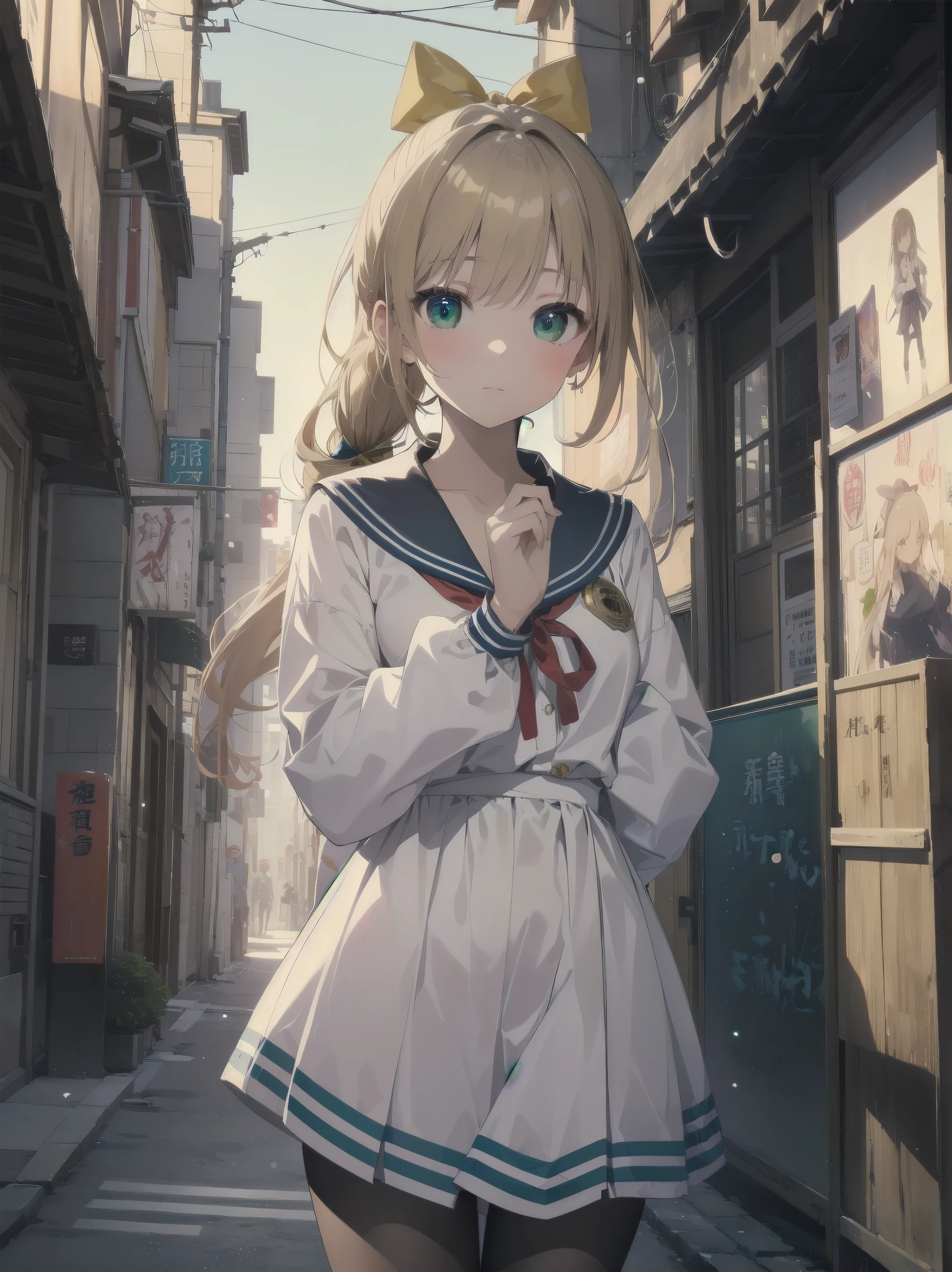 Masterpiece, illustration, super detailed, kawaii, one girl, 独奏, slender 14 year old, Japanese girl, chou chou, ribbon, nape of neck, low ponytail, cute pose in Less revealing attire, (green sailor outfit, two gold lines), large gold ribbon, priss skirt, black pantyhose, , Long Sleeves, White innerwear for sailor suit, living room, cowgirl shot, sfw, dynamic angle、Close-up on the characters、(building, city、A dense fog of fluorescent particles、1800Era、Japanese Style、Fiction、grow、Overwhelming、Detailed street)、A beautiful girl with a beautiful background and a super cute pose