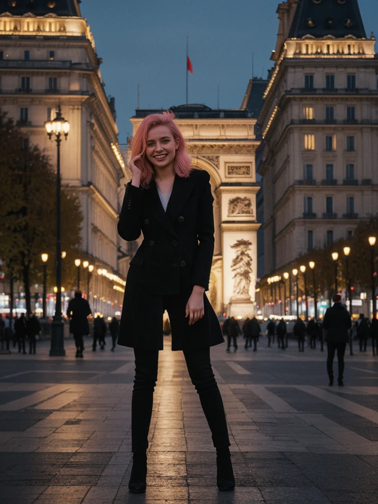 her name is Amelie, high quality, 1girl, ((25-year-old fit Caucasian woman)), ((25 years old)), ((BODY TYPE: HOURGLASS)), ((Neon Hair)), smiling, pose: standing, wearing Well-dressed ULTRA MODERN Generation-Z modern wear bright colored, BACKGROUND: "Walking along the illuminated Champs-Élysées with the Arc de Triomphe in the distance and the city lights twinkling."