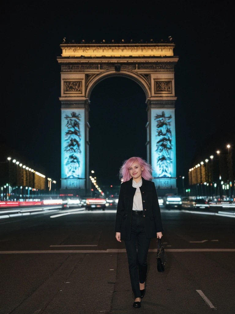 her name is Amelie, high quality, 1girl, ((25-year-old fit Caucasian woman)), ((25 years old)), ((BODY TYPE: HOURGLASS)), ((Neon Hair)), smiling, pose: standing, wearing Well-dressed ULTRA MODERN Generation-Z modern wear bright colored, BACKGROUND: "Walking along the illuminated Champs-Élysées with the Arc de Triomphe in the distance and the city lights twinkling."