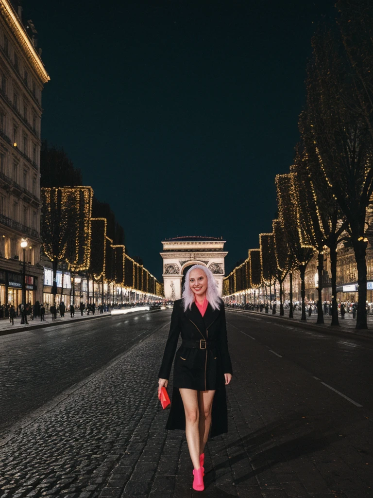 her name is Amelie, high quality, 1girl, ((25-year-old fit Caucasian woman)), ((25 years old)), ((BODY TYPE: HOURGLASS)), ((Neon Hair)), smiling, pose: standing, wearing Well-dressed ULTRA MODERN Generation-Z modern wear bright colored, BACKGROUND: "Walking along the illuminated Champs-Élysées with the Arc de Triomphe in the distance and the city lights twinkling."