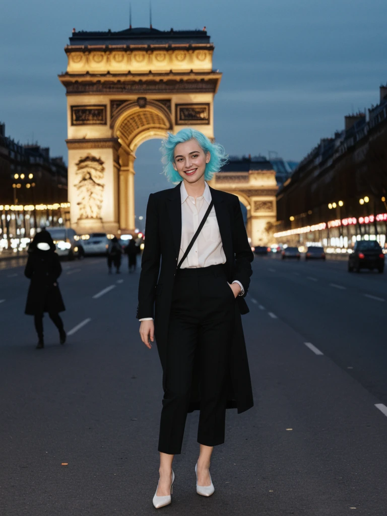 her name is Amelie, high quality, 1girl, ((25-year-old fit Caucasian woman)), ((25 years old)), ((BODY TYPE: HOURGLASS)), ((Neon Hair)), smiling, pose: standing, wearing Well-dressed ULTRA MODERN Generation-Z modern wear bright colored, BACKGROUND: "Walking along the illuminated Champs-Élysées with the Arc de Triomphe in the distance and the city lights twinkling."