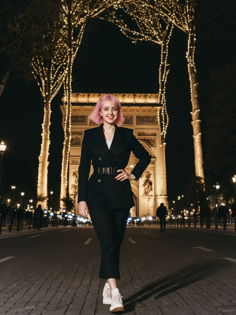 her name is Amelie, high quality, 1girl, ((25-year-old fit Caucasian woman)), ((25 years old)), ((BODY TYPE: HOURGLASS)), ((Neon Hair)), smiling, pose: standing, wearing Well-dressed ULTRA MODERN Generation-Z modern wear bright colored, BACKGROUND: "Walking along the illuminated Champs-Élysées with the Arc de Triomphe in the distance and the city lights twinkling."