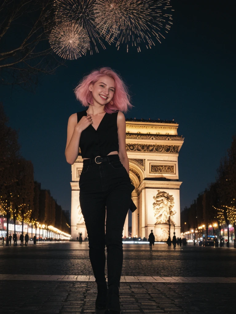 her name is Amelie, high quality, 1girl, ((25-year-old fit Caucasian woman)), ((25 years old)), ((BODY TYPE: HOURGLASS)), ((Neon Hair)), smiling, pose: standing, wearing Well-dressed ULTRA MODERN Generation-Z modern wear bright colored, BACKGROUND: "Walking along the illuminated Champs-Élysées with the Arc de Triomphe in the distance and the city lights twinkling."