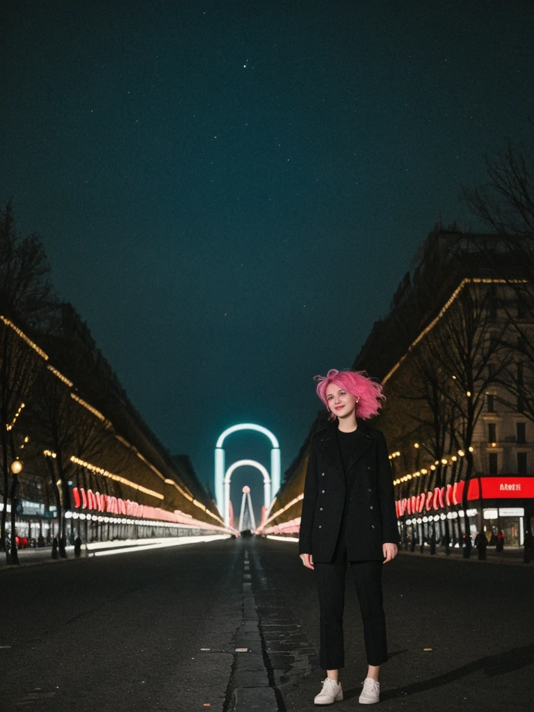 her name is Amelie, high quality, 1girl, ((25-year-old fit Caucasian woman)), ((25 years old)), ((BODY TYPE: HOURGLASS)), ((Neon Hair)), smiling, pose: standing, wearing Well-dressed ULTRA MODERN Generation-Z modern wear bright colored, BACKGROUND: "Walking along the illuminated Champs-Élysées with the Arc de Triomphe in the distance and the city lights twinkling."