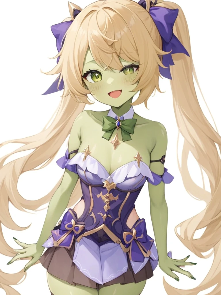 1 Girl, Fischl_\(Genshin Impact_Influence\), Solitary, Eyepexistch, , two_side_up, Blonde_hair, long_hair, Watching_exist_Viewer, bow, Smile, Open_Mouth, garter_Shoulder Straps, only_Shoulder, purple_bow, White_background, Bangs, bowtie, hair_Exceed_one_Eye, feexisthers, hair_Ribbon, Ribbon, skirt, simple_background, Sharp nails，Green nails，Skin of color，Green Skin，Green Skin，Show your thighs，Green Skin，whole body，Green Skin，Zombification，Green Skin，坐exist床上