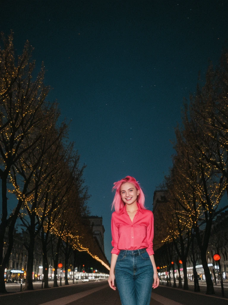 her name is Amelie, high quality, 1girl, ((25-year-old fit Caucasian woman)), ((25 years old)), ((BODY TYPE: HOURGLASS)), ((Neon Hair)), smiling, pose: standing, wearing Well-dressed ULTRA MODERN Generation-Z modern wear bright colored, BACKGROUND: "Walking along the illuminated Champs-Élysées with the Arc de Triomphe in the distance and the city lights twinkling."