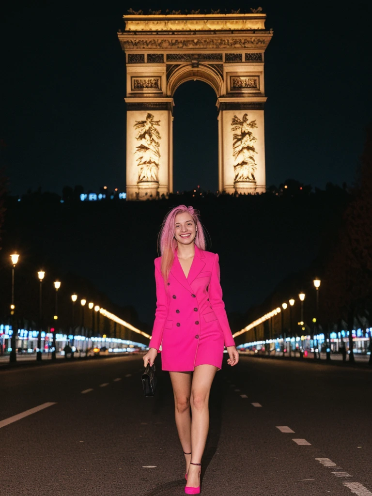 her name is Amelie, high quality, 1girl, ((25-year-old fit Caucasian woman)), ((25 years old)), ((BODY TYPE: HOURGLASS)), ((Neon Hair)), smiling, pose: standing, wearing Well-dressed ULTRA MODERN Generation-Z modern wear bright colored, BACKGROUND: "Walking along the illuminated Champs-Élysées with the Arc de Triomphe in the distance and the city lights twinkling."