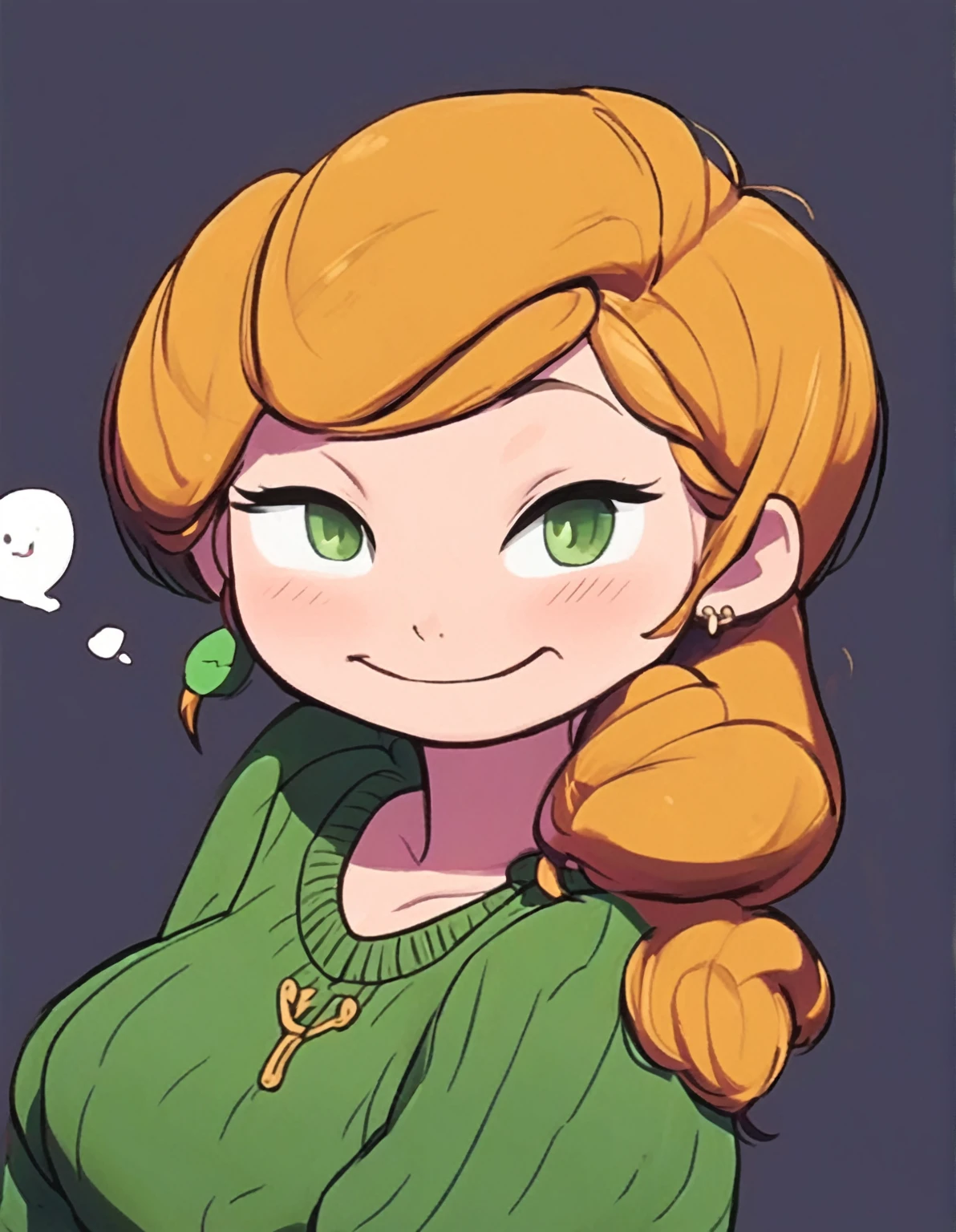 drawing of a woman in a green shirt and a green sweater, she has a cute face e expressivo, Abigail de Stardew Valley, madeline da celeste, [[[[grinning wickedly]]]], she has a cute face, slightly happy facial expression, cel - shaded art style, she has a distant expression, pale round face, bored expression