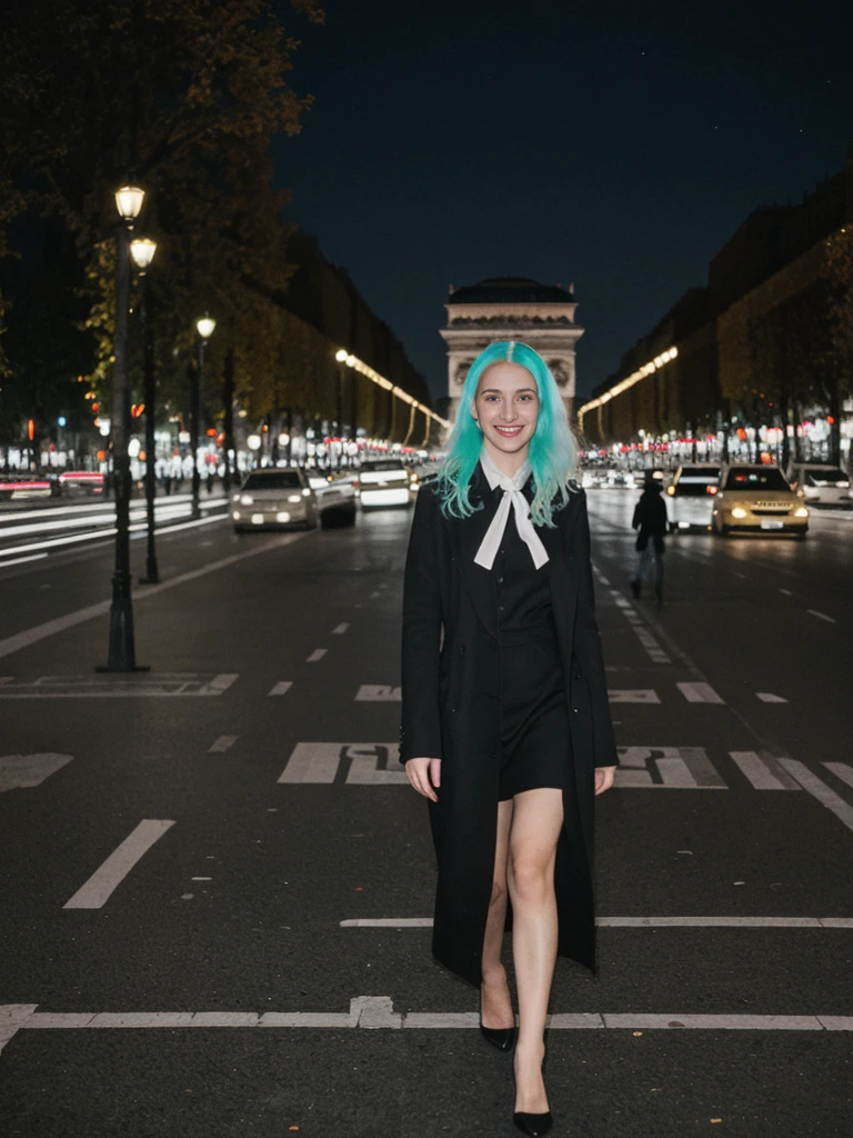 her name is Amelie, high quality, 1girl, ((25-year-old fit Caucasian woman)), ((25 years old)), ((BODY TYPE: HOURGLASS)), ((Neon Hair)), smiling, pose: standing, wearing Well-dressed ULTRA MODERN Generation-Z modern wear bright colored, BACKGROUND: "Walking along the illuminated Champs-Élysées with the Arc de Triomphe in the distance and the city lights twinkling."