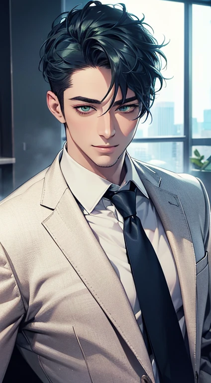 (Highest quality,4K,8K,High resolution,masterpiece:1.2),Super detailed,(Realistic,photoRealistic,photo-Realistic:1.37),1 person,34 years old,Mature Men,Beautiful skin、very handsome,Expressionless smile in love,Short blue hair,green eyes,Sharp Eyes,A perfect face without a doubt,Businessman, CEO, Office Background,Cinema Lighting,HDR image,tie、
