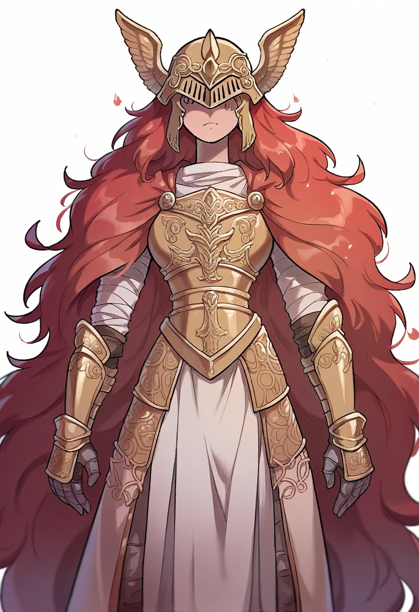 Malenia blade of Miquella from Elden Ring, Red hair, golden helmet, Golden Armor, Sword, not visibles eyes, pretty girl, full-shot view. no background. Masterpiece, UHD