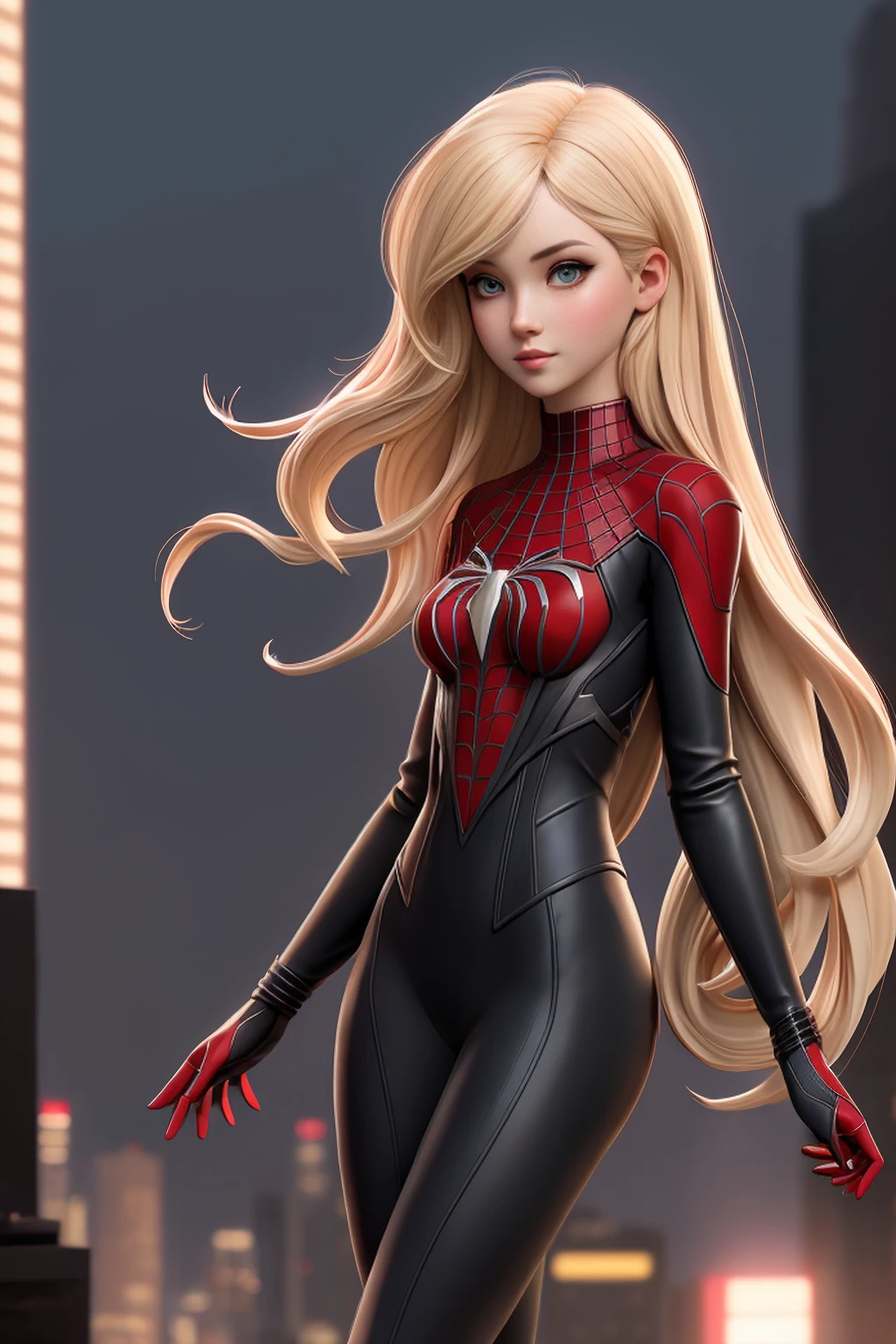 ((photo by full body, standing, Feet on the ground)) close up 1girl in, teenager, Solo, Aesthetic artwork, blond, straight blonde hair, super long blonde hair, light blue eyes,  some small freckles, pale skin, A-cup, small breasts, runners body, (thin hips, thin waist: 1.25), detailed skin, shy smile, (action shot falling: 1.25), She wears Spider-Man suit, red and black color scheme, spider, very detailed city roof background, rooftop, overlooking the city, 50mm, 4k textures, soft cinematic light, RAW intricate, elegant, highly detailed, sharp focus, ((((cinematic look)))), soothing tones, insane details, intricate details, hyperdetailed, low contrast, soft cinematic light, dim colors, exposure blend, hdr, faded