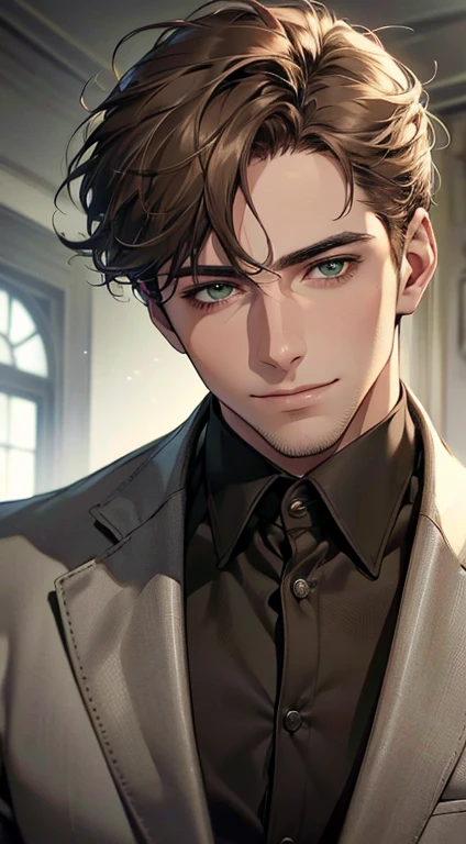 (best quality,4k,8k,highres,masterpiece:1.2),ultra-detailed,(realistic,photorealistic,photo-realistic:1.37),cinematic lighting,1:4 hdr image,a mature man, 29 years old,very handsome,cold expression smile in love, short grey brown hair, green eyes,flawless face,buttoning his jacket,CEO