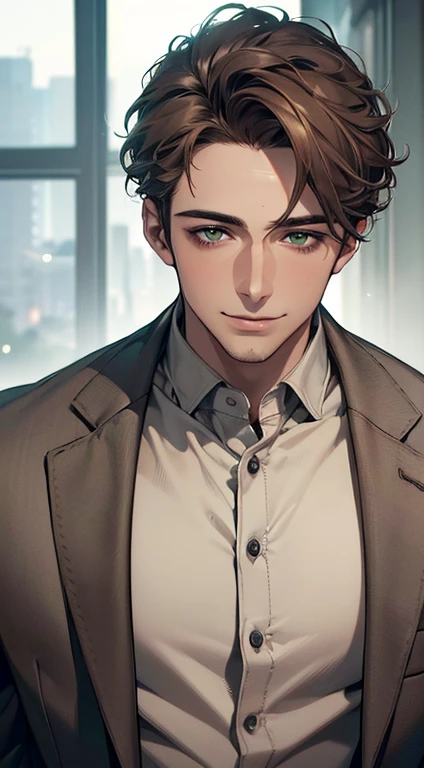(best quality,4k,8k,highres,masterpiece:1.2),ultra-detailed,(realistic,photorealistic,photo-realistic:1.37),cinematic lighting,1:4 hdr image,a mature man, 29 years old,very handsome,cold expression smile in love, short grey brown hair, green eyes,flawless face,buttoning his jacket,CEO