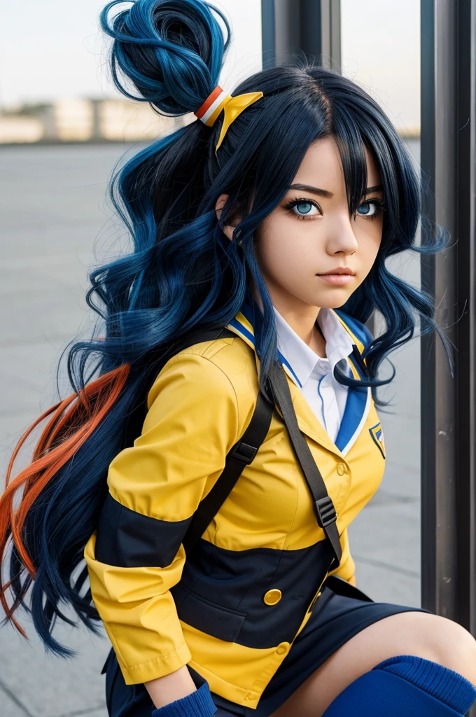 My Hero Academia uniform girl with black hair with dark blue and the tips are light blue and red locks and white locks and orange locks and yellow locks, one eye blue and the other yellow