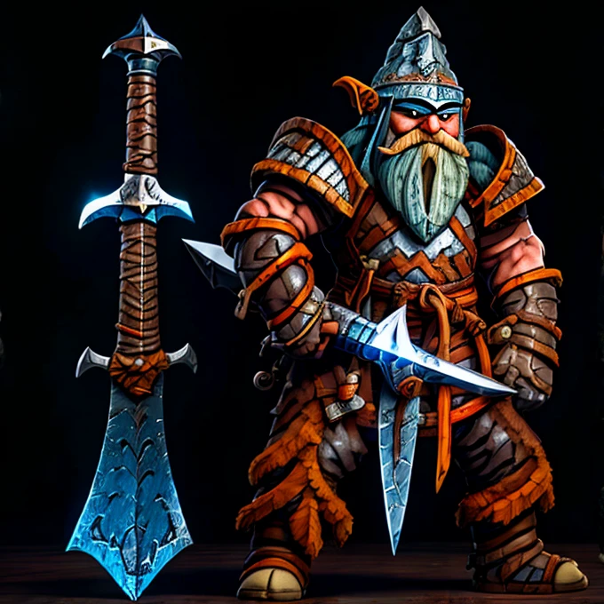 A barbarian gnome with a gigantic greatsword, two handed sword, Furious gnome, great sword, battle position, gnome carrying sword, struggling , carrying sword 