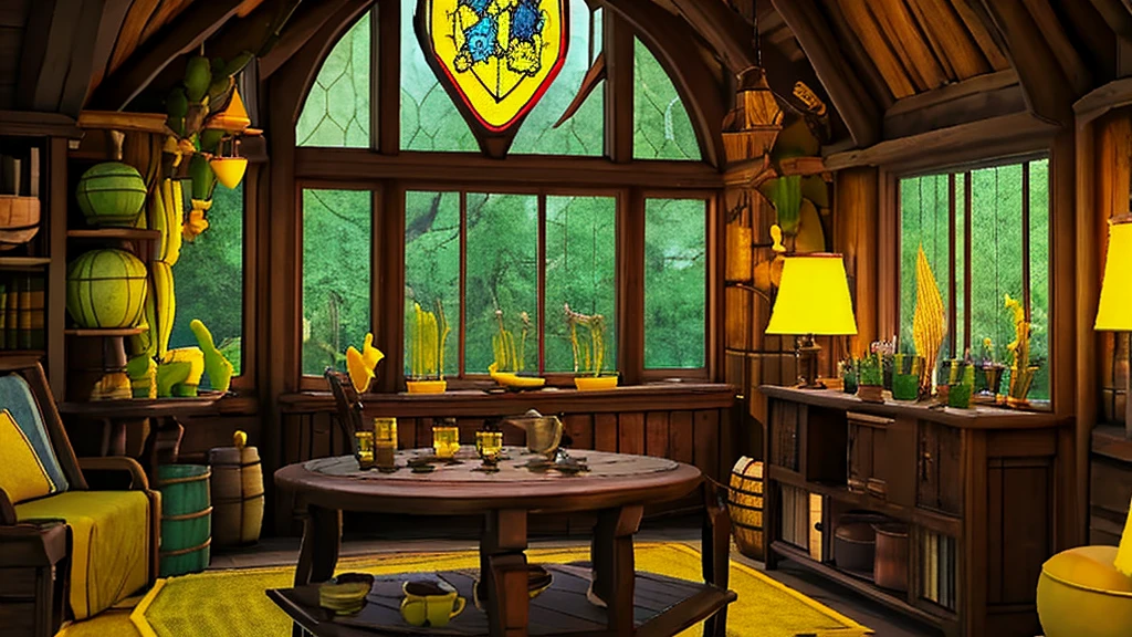 Hufflepuff Common Room,Fantasy,yellow,Fantasy,Cozy rooms,Barrels are stacked,Low ceiling,Round window,Bright atmosphere,Potted cacti,Vines growing from the window,flower,plant,Wooden desk,yellowの柔らかいソファ,Stand Lamp,bottle,glass,Hogwarts,Harry potter