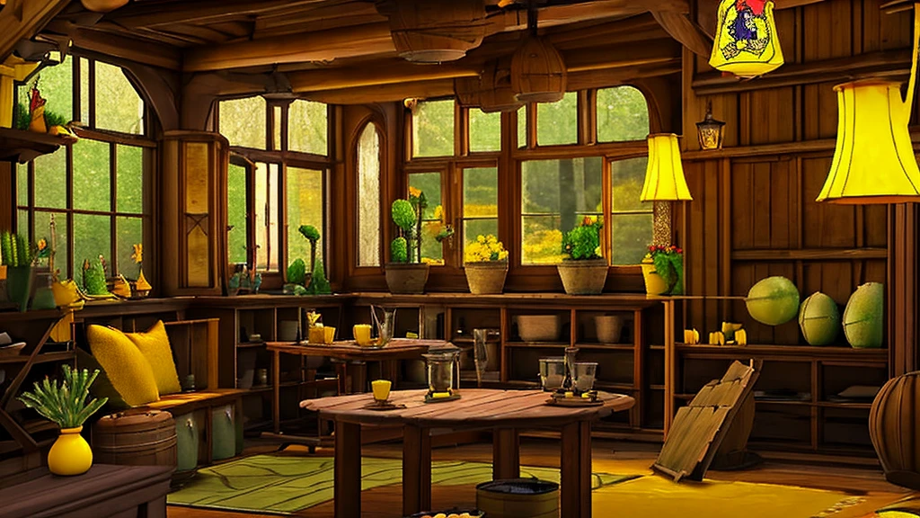 Hufflepuff Common Room,Fantasy,yellow,Fantasy,Cozy rooms,Barrels are stacked,Low ceiling,Round window,Bright atmosphere,Potted cacti,Vines growing from the window,flower,plant,Wooden desk,yellowの柔らかいソファ,Stand Lamp,bottle,glass,Hogwarts,Harry potter