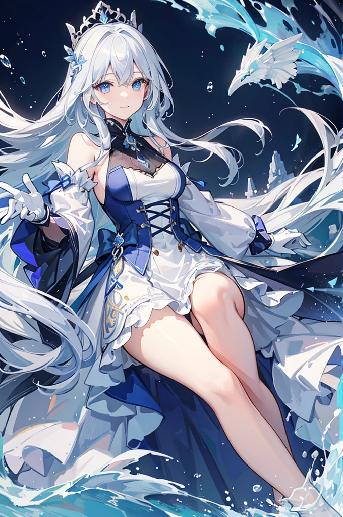A woman with white hair and blue eyes、adult、Long, fluffy wavy hair、Braiding、Wearing hair ornaments、Smiling、Elegant and ladylike、Elegant、Princess、White gloves、Wearing a cape、White and blue dress、Wave pattern、Decorations such as roses and drops、The dress is short in the front and long in the back、Garter Ring、short boots、water、Fantasy