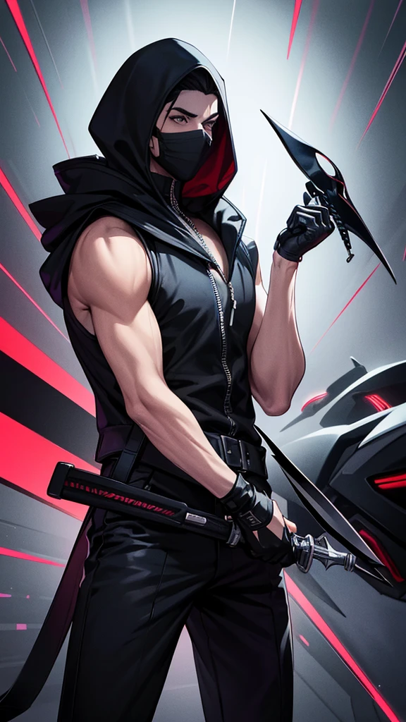Tim Burton style illustration man with hood and mask wearing an open sleeveless black jacket showing fit physique holding a knife with bar and a motorbike in the background
