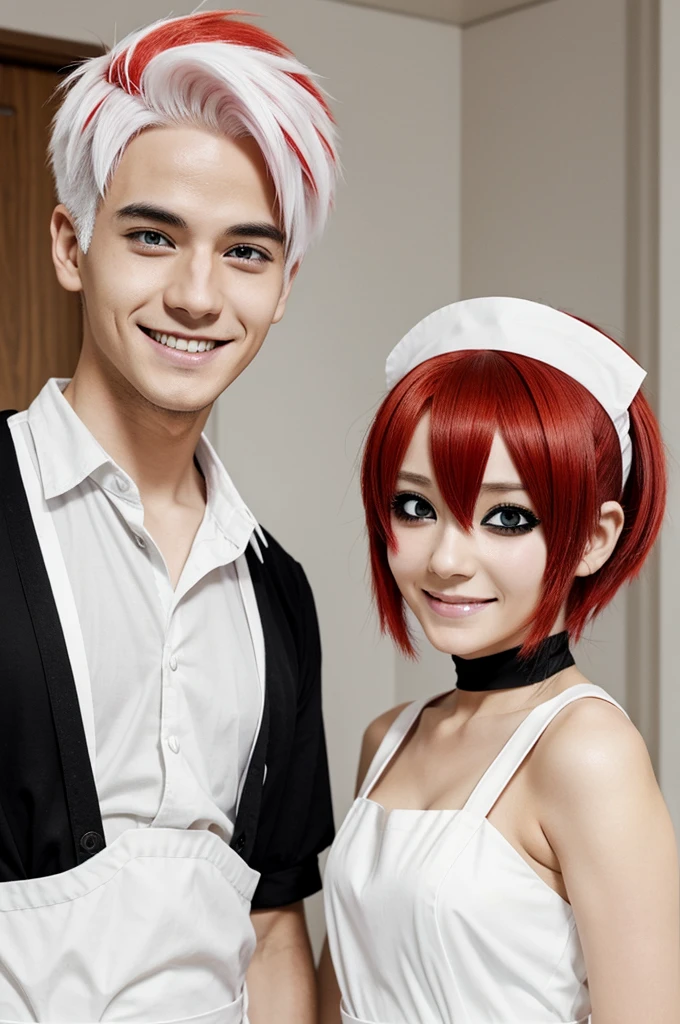 An anime boy with short red and white hair , black and white eyes . He wears bandages on his eyes  , She has a cheerful expression and is wearing a maid&#39;s outfit.