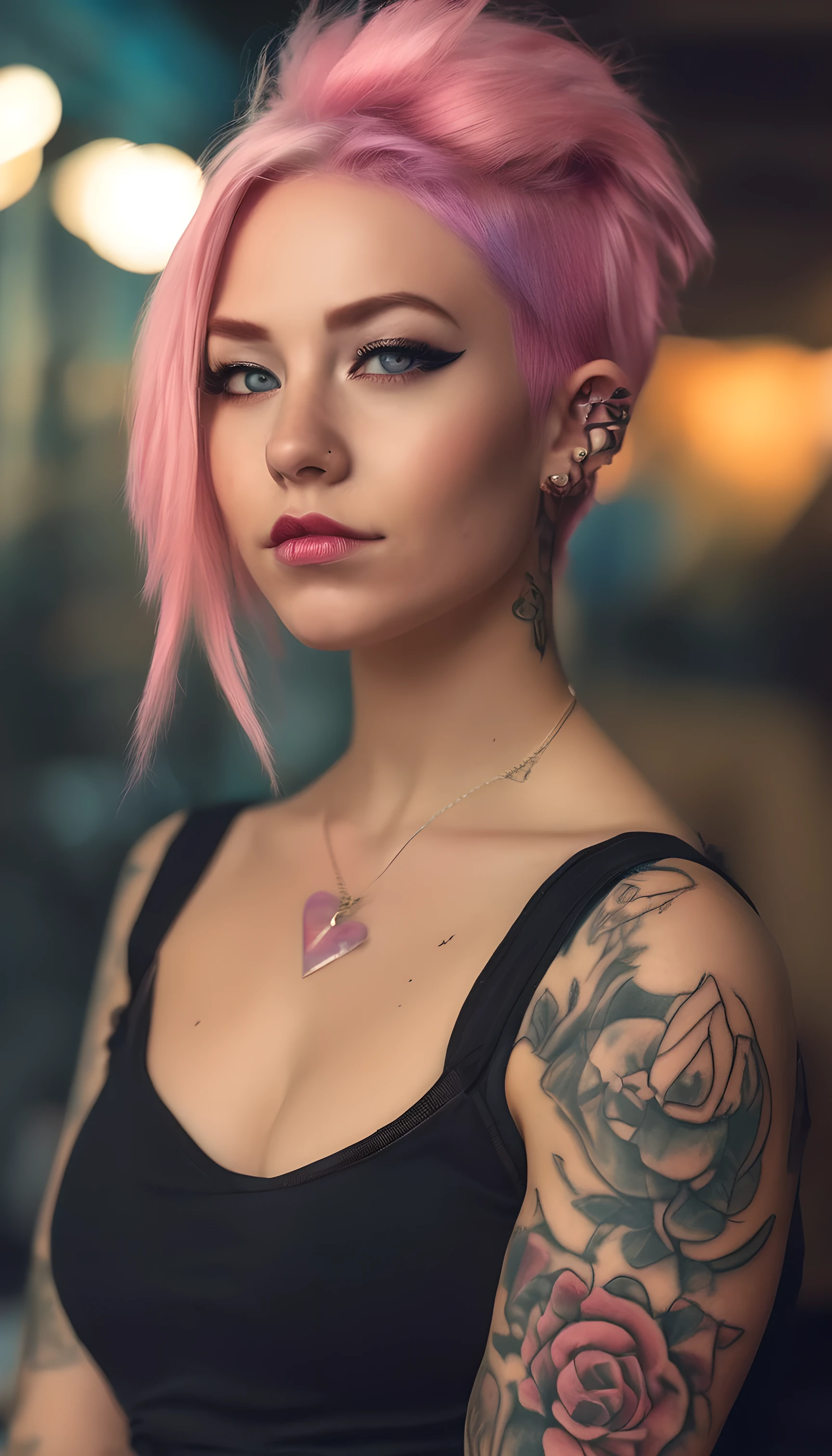 Young adult woman 22 years realistic, sexy with medium tits, modern punk style similar to harley queen, with long blonde and a little pink hair, with a broken heart tattoo full body