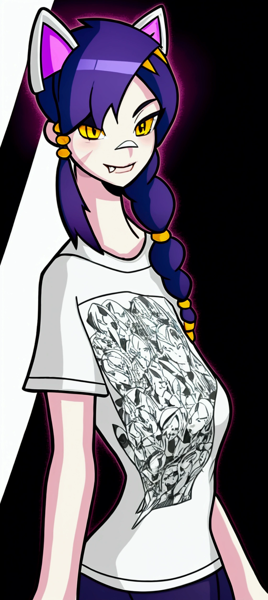 1 girl, Alone, wide, looking at the viewer, black fur, bandage on face, yellow eyes, animal ears, SMILE, bandage on nose, braid, cat ears, bandage, hits, old, fake animal ears, simple background, Open mouth, canine, , bare shoulders, SCAR, teeth, shirt, bare shoulders, white shirt, short sleeves, Closed mouth, t-shirt, hair over one eye, portrait, if, hair over the shoulder, Bermuda,1 girl, Lamia, scales, White shirt, whole body, original character, volumetric lighting, best shadows, shallow depth of field, Incredibly beautiful girl, , Delicate beautiful attractive face