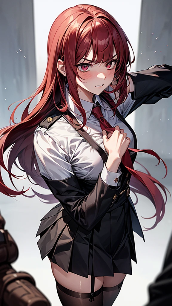{{masterpiece}}, {{{Highest quality}}},{{Very detailed}}, {{figure}},{{tall}},{{Adult female}},,{{Fighting stance}},｛from side｝,{{Long sleeve mini skirt uniform}},{}},}}{}},{fighting stance}},{},{in the midst of battle}, ,{{}},{{Eyelet foot}},,{{blushing with anger}},{{}},,{{}},{{}},,Slender body}}{{}}{{Female police officer}},,,,suspenders　,Long sleeve mini skirt uniform, White High Socks,Black fingerless gloves, Long Red Hair, Red tie,Straight hair ,Blunt bangs,Thigh holster,.amountn loafer,,blush,Wrinkles ,amount,Grit your teeth,suffering,v-shaped eyebrows.,Sweat dripping,Medium chest ,get annoyed,,Slums,,Twisting,
