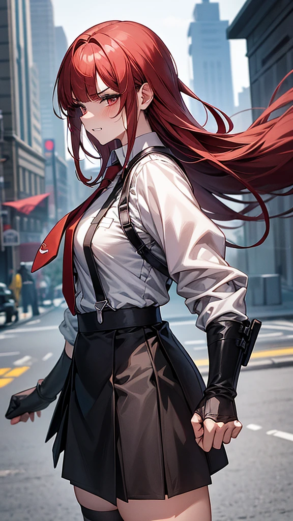 {{masterpiece}}, {{{Highest quality}}},{{Very detailed}}, {{figure}},{{tall}},{{Adult female}},,{{Fighting stance}},｛from side｝,{{Long sleeve mini skirt uniform}},{}},}}{}},{fighting stance}},{},{in the midst of battle}, ,{{}},{{Eyelet foot}},,{{blushing with anger}},{{}},,{{}},{{}},,Slender body}}{{}}{{Female police officer}},,,,suspenders　,Long sleeve mini skirt uniform, White High Socks,Black fingerless gloves, Long Red Hair, Red tie,Straight hair ,Blunt bangs,Thigh holster,.amountn loafer,,blush,Wrinkles ,amount,Grit your teeth,suffering,v-shaped eyebrows.,Sweat dripping,Medium chest ,get annoyed,,Slums,,Twisting,