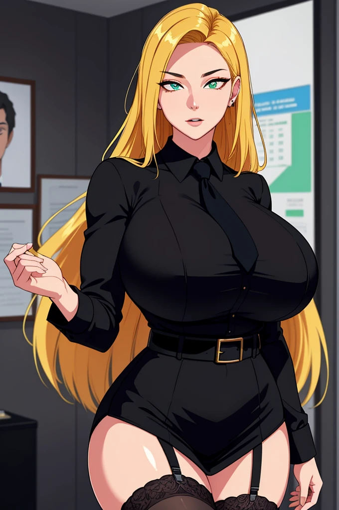 (masterpiece, highres, best quality:1.2), 8K, highly detailed, intricate, colorful, vibrant image, sharp focus, cinematic) blonde hair, long hair, green eyes, body builder (Wearing black business outfit, black_collared shirt cropped jacket ,tie,necktie,black frilled skirt, garter straps, leather waist belt) (big perfect round breasts,hourglass body,  (gigantic breasts breasts 1.6),thin waist,very thin waist, Photo realistic,(hyperrealistic:1)beautiful, masterpiece, best quality, extremely detailed face,perfect face,beautiful face, perfect lighting,detailed eye makeup, detail face, nice detailed eyes,nice hands, perfect hands,glowing eyes (realistic pupils,realistic iris:1) heavy eye makeup,(empty Casino)(Posing dynamically)