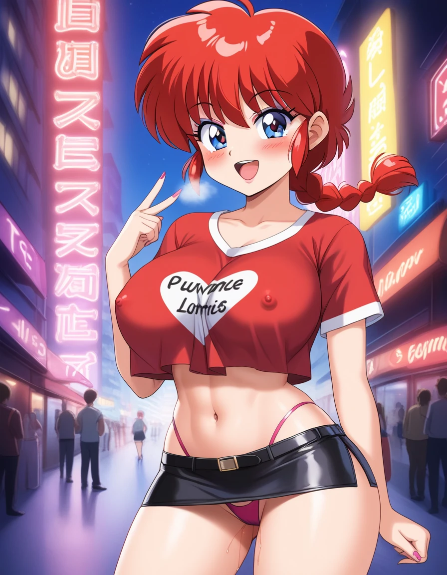 1girl, background, (ranma-chan), blush, red hair, big breasts, tomboy, one short pigtail, nighttime, hot breath, open mouth, dimmed lighting, standing, city, big ass, wide hips, toned body, wearing slutty prostitute outfit, micro skirt, midriff, prostitute, purple eyeshadow, (detailed fingers), thong peek, tight pink latex top, no bra, 5 fingers, red light, neon light billboards, red-light district, nipple bulge in shirt, pussy juice, (artist: conder)