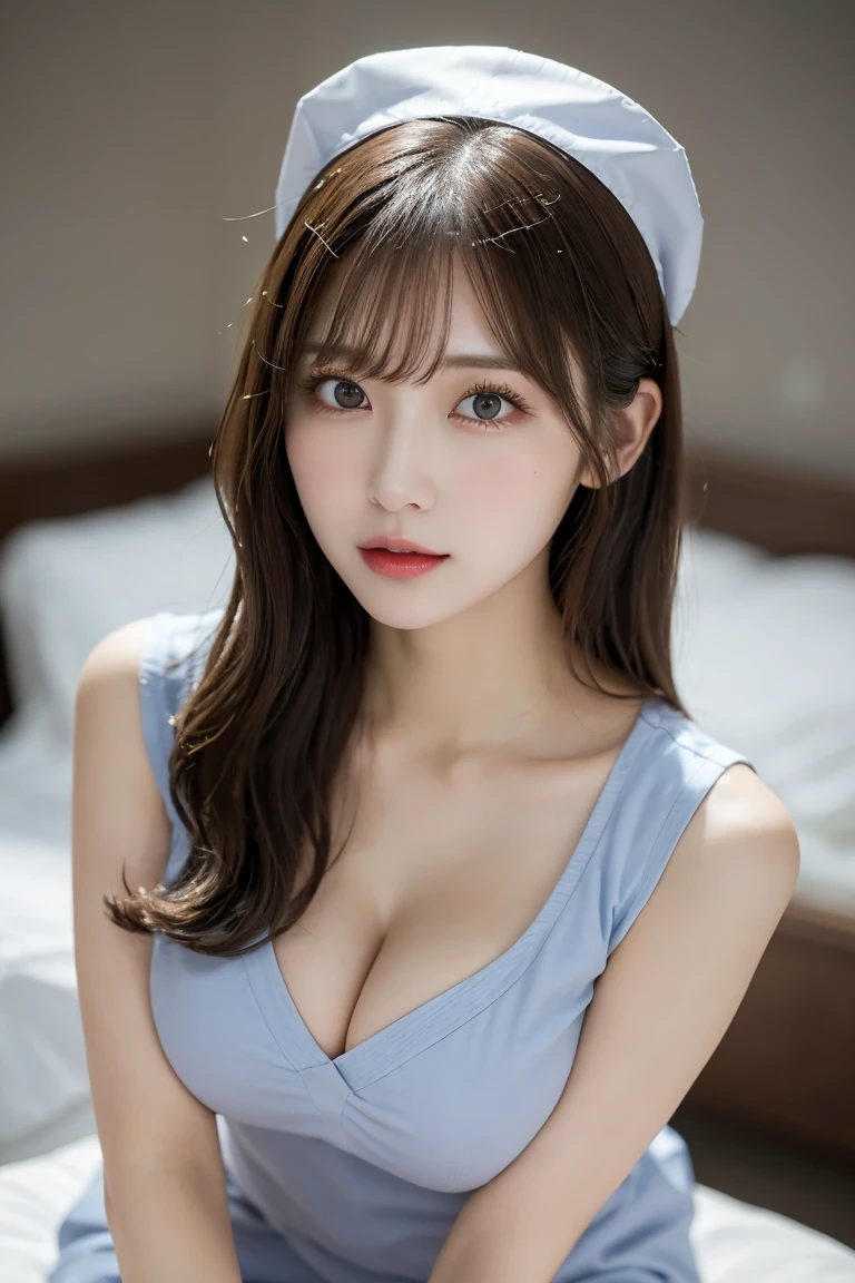 Hospital Nurse, Highest quality, shape, Very detailed, In detail, High resolution, 8k wallpaper, Perfect dynamic composition, Beautiful details, Natural Lip, Cute Nurse Stethoscope, Big Breasts,Full Body Cleavage, She has a sexy pose and a sensual face.., A masterpiece of the whole body,