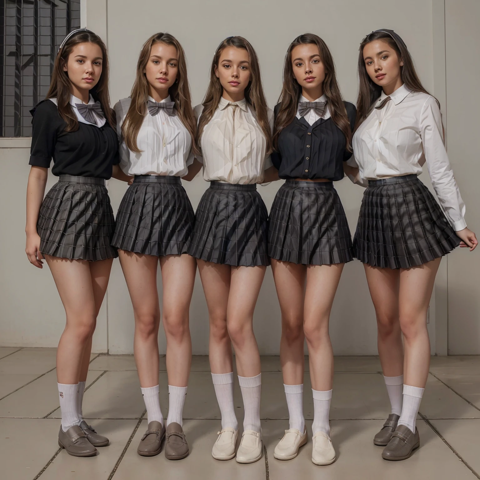 ((Full body photo, standing, feet on the floor)) A group of three girls, three girls, hanging out in a courtyard, high school uniforms, (all girls have the same uniform: 1.8), (one girl has blonde hair & another has black hair: 1.1), gray school uniform, (pleated skirt: 2), (gray skirt: 1.3), (white blouse: 1.25), gray vest, white button up, knee highs, white shirt, loafers, realistic, long hair, lips, socks, bowtie, skirt, jk bow, can see a little chest through blouse, black loafers, full body, standing back, 8k, high detailed, maximum quality, rating:explicit