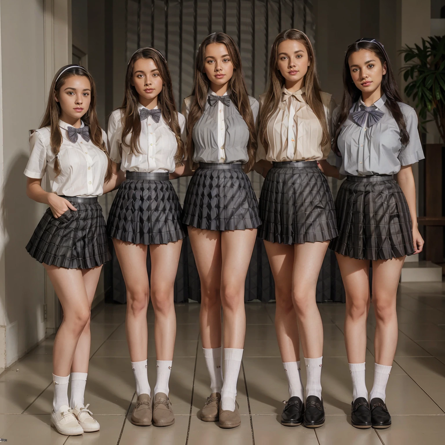 ((Full body photo, standing, feet on the floor)) A group of three girls, three girls, hanging out in a courtyard, high school uniforms, (all girls have the same uniform: 1.8), (one girl has blonde hair & another has black hair: 1.1), gray school uniform, (pleated skirt: 2), (gray skirt: 1.3), (white blouse: 1.25), gray vest, white button up, knee highs, white shirt, loafers, realistic, long hair, lips, socks, bowtie, skirt, jk bow, can see a little chest through blouse, black loafers, full body, standing back, 8k, high detailed, maximum quality, rating:explicit