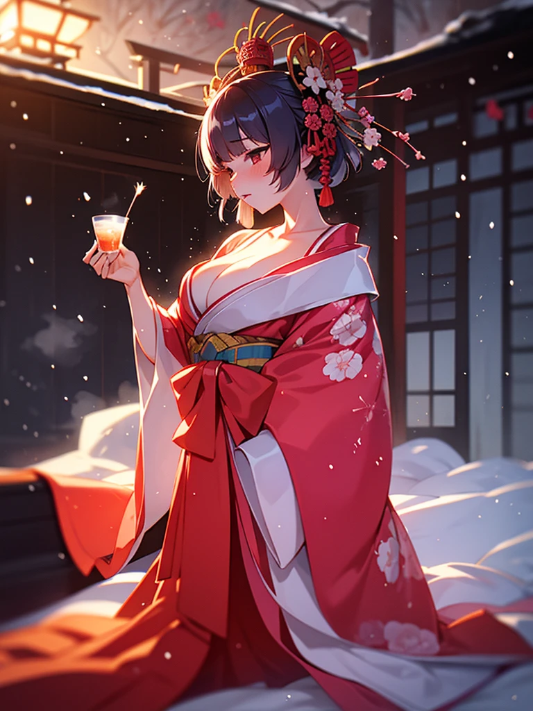 (Sumilux f1.4 50mm , low Latitude old color negative film , cross process , bokeh, flare, chromatic aberration , soft focus, (Shallow focus) , soft glow , Maximum aperture, High Key , Transparent depiction)  , kawaii hentai anime , Elegance  erotica , Japanese Heian period , Shrine maiden girl, kitsune mask , (round Maro eyebrows) , kimono , (Peony flowers blooming:0.8) , Snow is falling , steamy breath , Kagura Dance , passion , Drinking amazake , Drunkard , seduce , Hyakki yagyo emaki , Demons and monsters run rampant , Clothes come undone , semi nude , on the futon , bare Cleavage