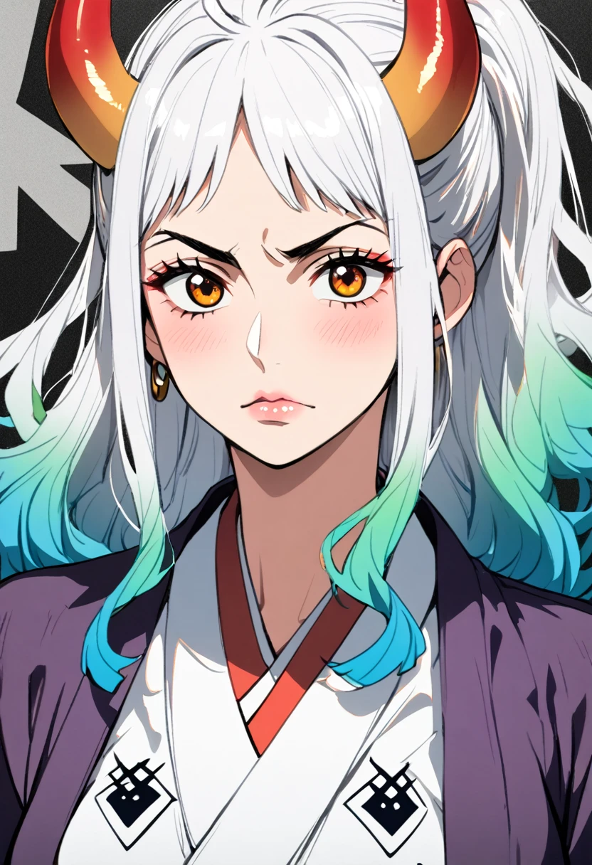 1girl、yamato \(one piece\)、long hair,multiclored hair,oni,horn、腕を組む、upper body