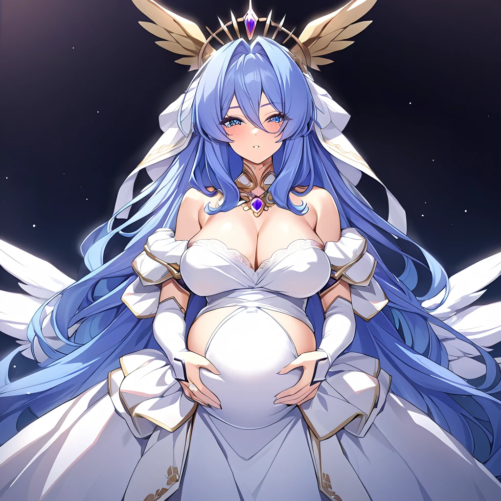 ((Highest quality)), ((masterpiece)), (detailed), (Perfect Face)、The woman was the goddess who became Hera in Greek mythology.々A big and beautiful angel6An archangel and god with 4 wings and a shining halo above his head.々the wife of Zeus, king of the gods, and the divine queen々Goddess Extia、The woman is a beautiful goddess, Goddess Extia, the queen of the one and only god Zeus, with medium-long blue hair, wearing a pure white vintage wedding dress with gorgeous gold embroidery and trim, a gorgeous vintage wedding veil, gorgeous jewelry and decorations, an engagement ring, and gorgeous accessories. She is an elegant goddess, the graceful and beautiful queen of the gods, Goddess Extia.、the woman is pregnant