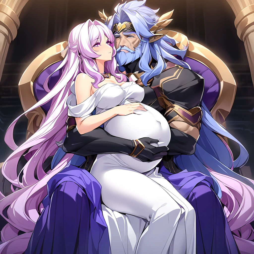((Highest quality)), ((masterpiece)), (detailed), (Perfect Face)、Women are divine in both mind and body, like the Greek goddess Hera.々Hera, the wife of Zeus, the king of the gods, is a goddess and queen of the gods. She happily embraces a man, kisses him deeply, and they embrace in love.、The woman is the goddess Hera, the queen of the one and only god Zeus. She has medium-long hair, wears a gorgeous ancient Greek Doric chiton, an engagement ring, and gorgeous accessories. She is an elegant, graceful, and beautiful goddess, Hera, and the wife of Zeus.、A woman is seen embracing, kissing and cuddling with the majestic, bearded, elderly man of the ancient Greek god Zeus, wearing a Doric chiton, on a magnificent throne in a temple.、A man wearing an ancient Greek Doric chiton, the dignified bearded old god Zeus, is embracing a woman, kissing her, caressing her and fondling her.、the woman is pregnant